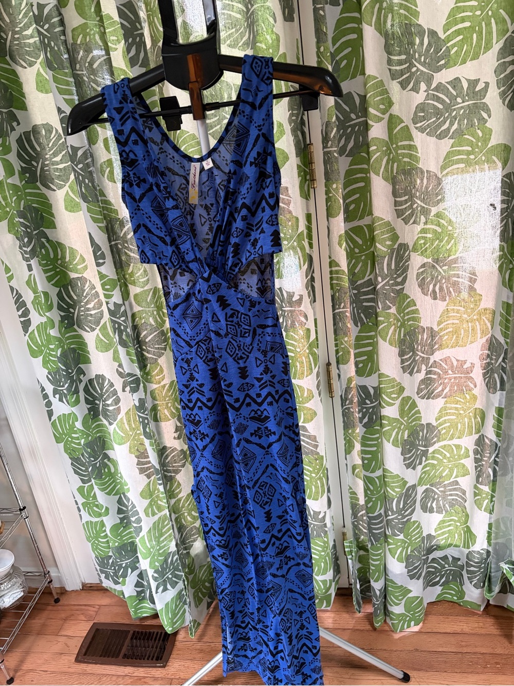 feathers Blue and Black Tribal Print Maxi Dress